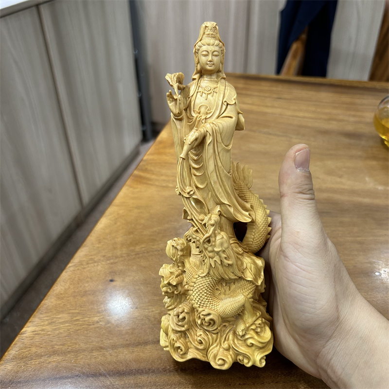 黄杨木雕刻御龙观音工艺品风水佛像摆件实木家居供奉站龙菩萨神像