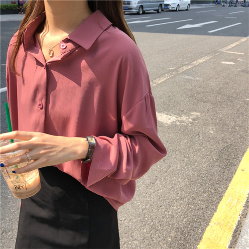 Actual Chic Loose Pure Pleated Chiffon Shirt Han Fan Simple Long Sleeve Shirt