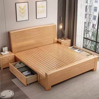 榉木实木床现代简约1.8米主卧储物大床1.5米双人床1.2米小户型床