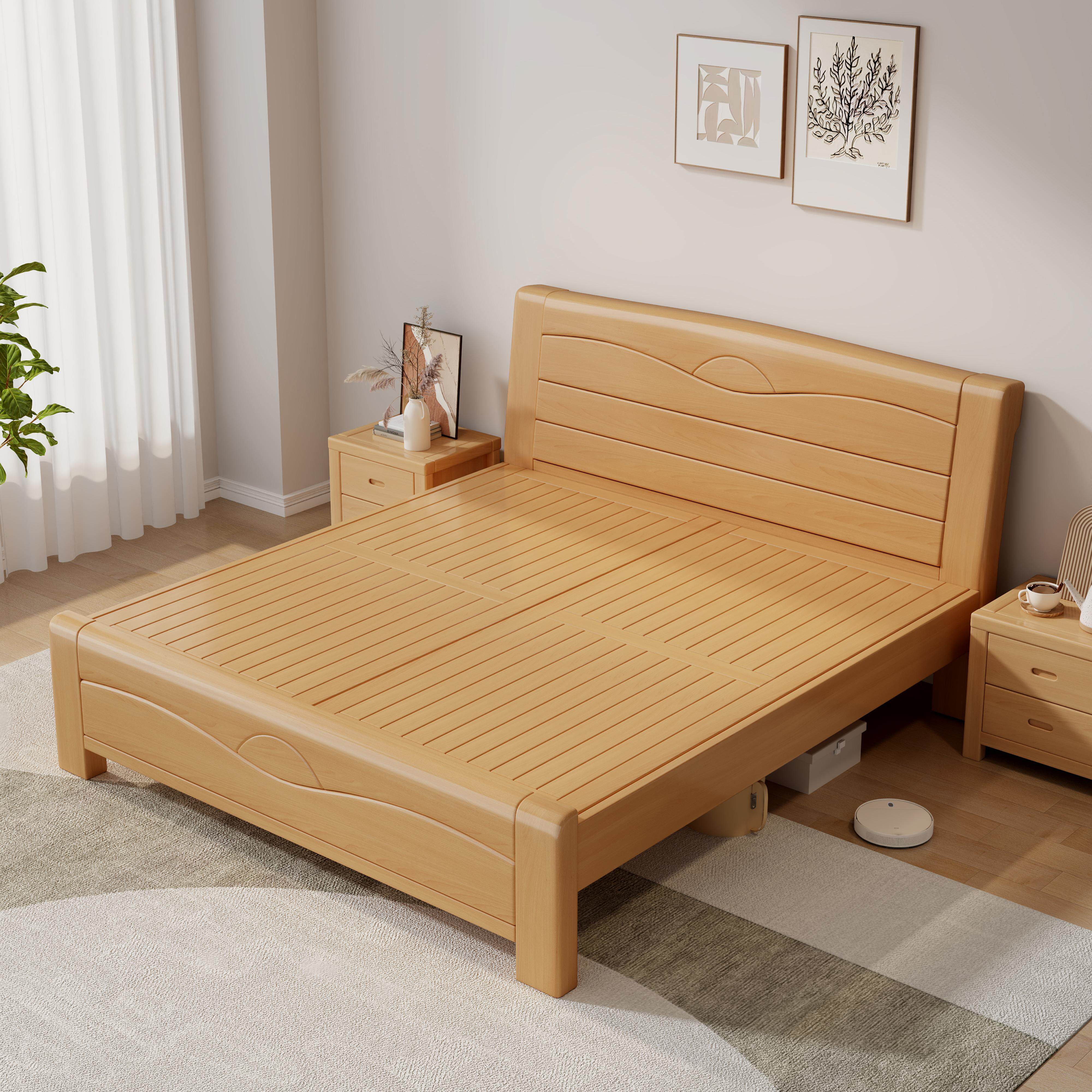 榉木实木床现代简约1.8米主卧储物大床1.5米双人床1.2米小户型床