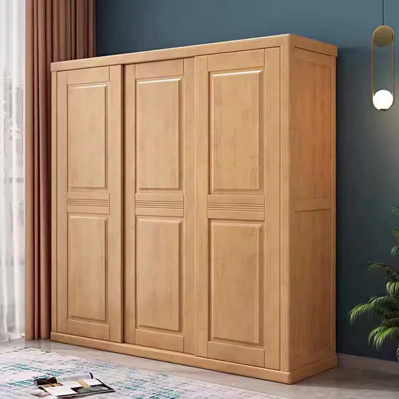 实木衣柜推拉滑移门榉木色轻奢卧室柜现代简约中式衣橱定制大衣柜