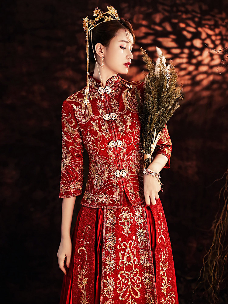 2021 new bridal wedding show wo clothing summer Chinese dress toast dress thin female show kimono wedding show wo