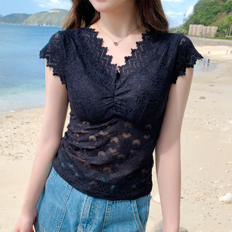 蕾丝1/4吋套筒扳手袖背心女带胸垫文胸一体式美背抹胸打底内搭吊
