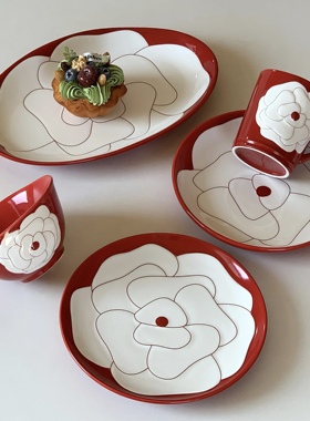复古陶瓷釉下彩红色山茶花餐盘浮雕套装家用蛋糕甜品盘早餐盘杯子