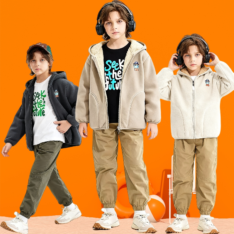 巴拉可儿男童加绒卫衣外套秋冬装奥粒绒拉链连帽夹克摇粒绒抓绒