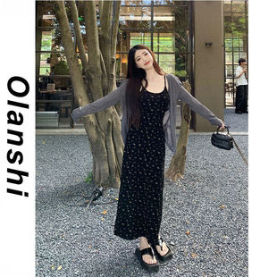 Olanshi法式 上衣两件套 气质高腰显瘦针织碎花吊带连衣裙 防晒开衫