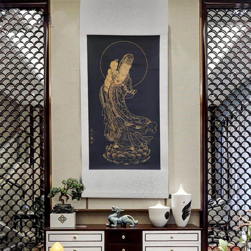 送子观音版画国画卷轴挂画中式装修神像画像书房客厅装饰画