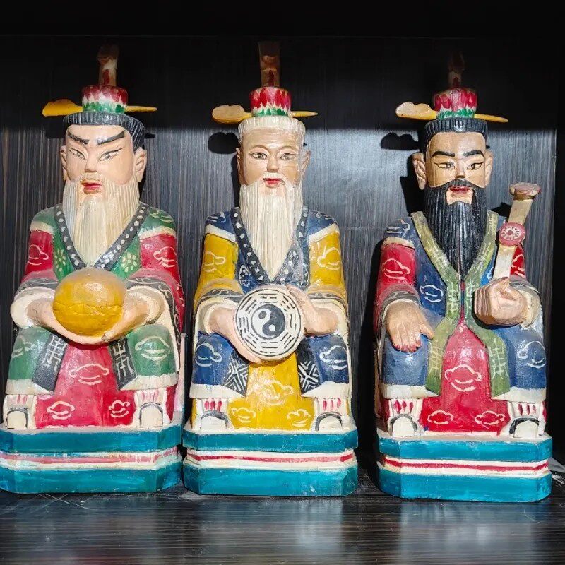 香樟木雕三清祖师太上老君灵宝天尊神像道家手工雕刻已装藏摆件