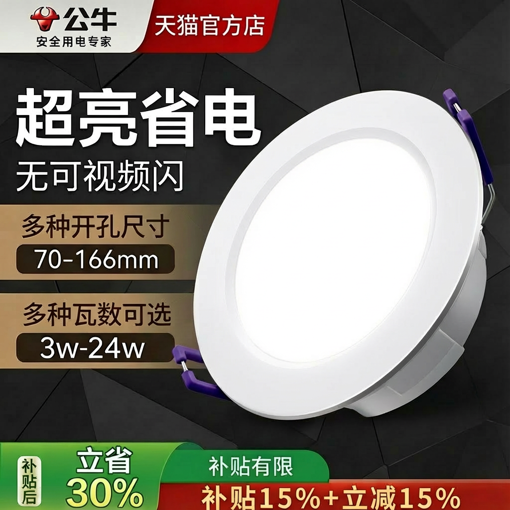 公牛led筒灯嵌入式家用吊顶超薄天花孔灯桶灯客厅洞灯圆形牛眼灯