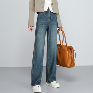 浅色窄版阔腿牛仔裤女2025年新款春款裤子女小个子高腰宽松直筒裤