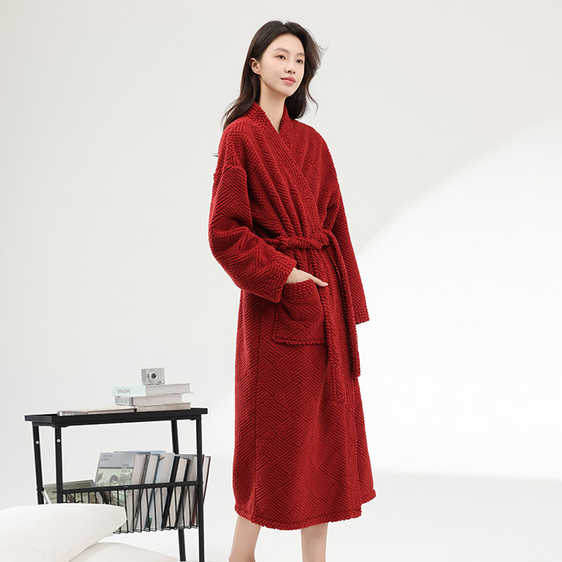 新款睡袍男女秋冬款半边绒晨袍本命年红色家居服睡衣珊瑚绒长袍