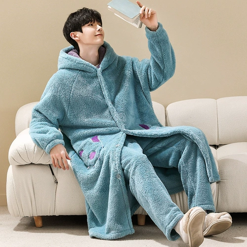 Монстр, демисезонный коралловый бархатный банный халат, демисезонная длинная фланелевая пижама, комплект, длина макси, увеличенная толщина