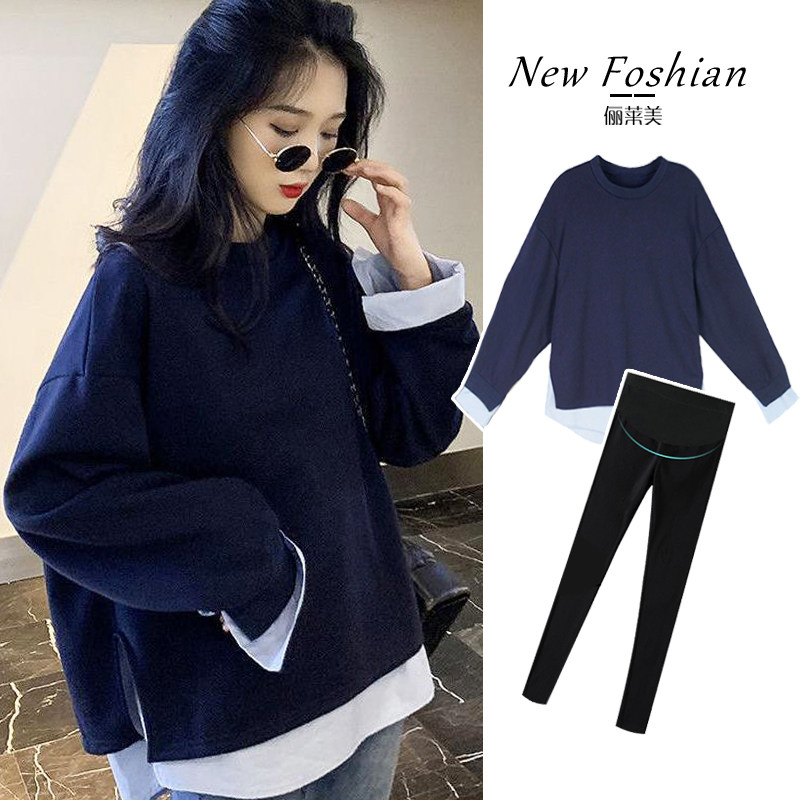 출산 가을 정장 인터넷 연예인 패션 가을 겨울 긴팔 한국 스타일 느슨한 스웨터 여성용 가짜 투피스 중간 길이 탑