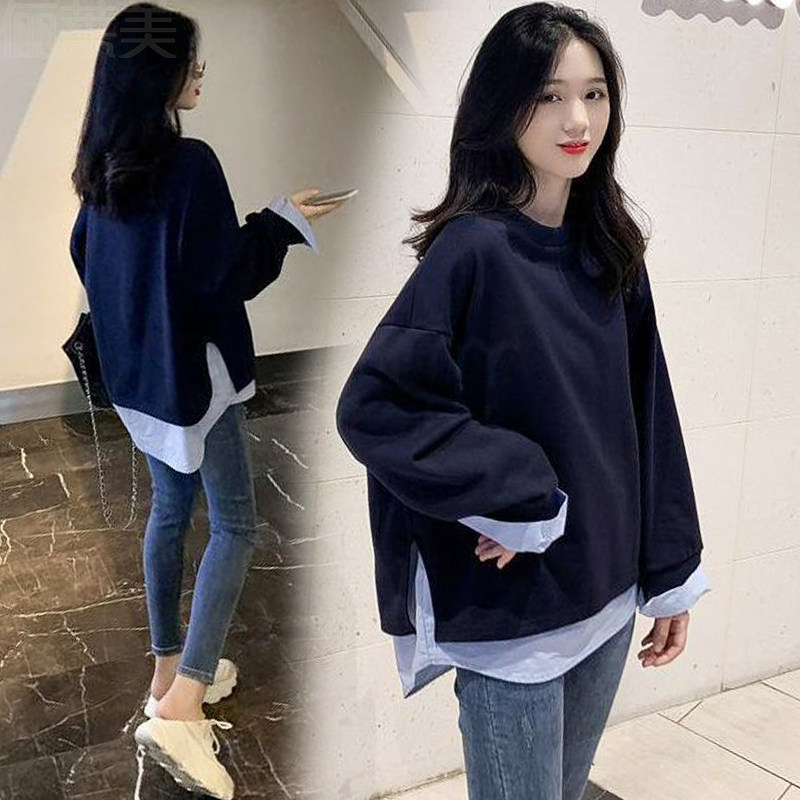 출산 가을 정장 인터넷 연예인 패션 가을 겨울 긴팔 한국 스타일 느슨한 스웨터 여성용 가짜 투피스 중간 길이 탑