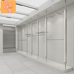 服装店展示架上墙壁挂式不锈钢挂衣服架立柱带灯男女装店陈列货架