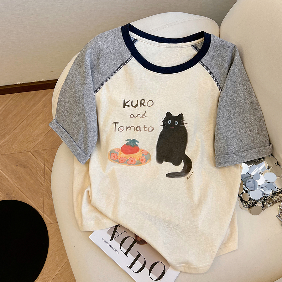 小C家韩版圆领拼接撞色猫咪印花短袖T恤女夏季新款减龄休闲上衣