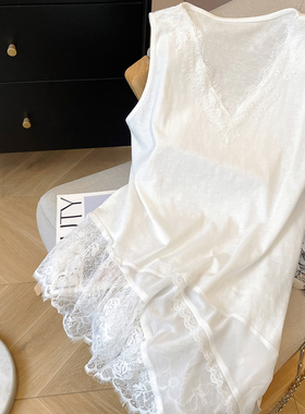 小C家 蕾丝花边V领无袖背心裙女拼接侧开叉裙摆不规则设计感上衣