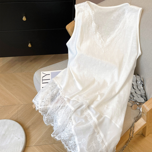 小C家 蕾丝花边V领无袖背心裙女拼接侧开叉裙摆不规则设计感上衣