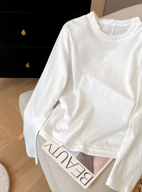 小C家 褶皱圆领长袖T恤女2026新款春内搭白色打底衫休闲宽松上衣