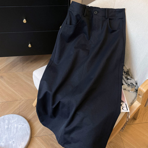 中长款直筒裙轻工装后开叉半身裙