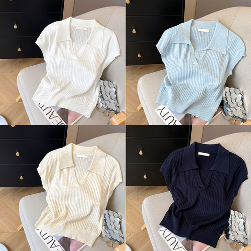 polo领套头小飞袖坑条针织短袖女