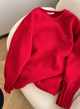 小C家 红色新年氛围感仿羊羔毛套头绒衫女2025早春新款高级感上衣