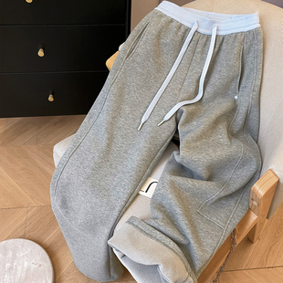 小C家 抽绳拼色高腰卫裤女款2025新款冬加绒宽松弯刀裤松紧腰裤子