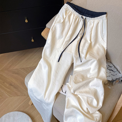 小C家 白色宽松肌理感阔腿裤女2026春季撞色慵懒风直筒百搭休闲裤