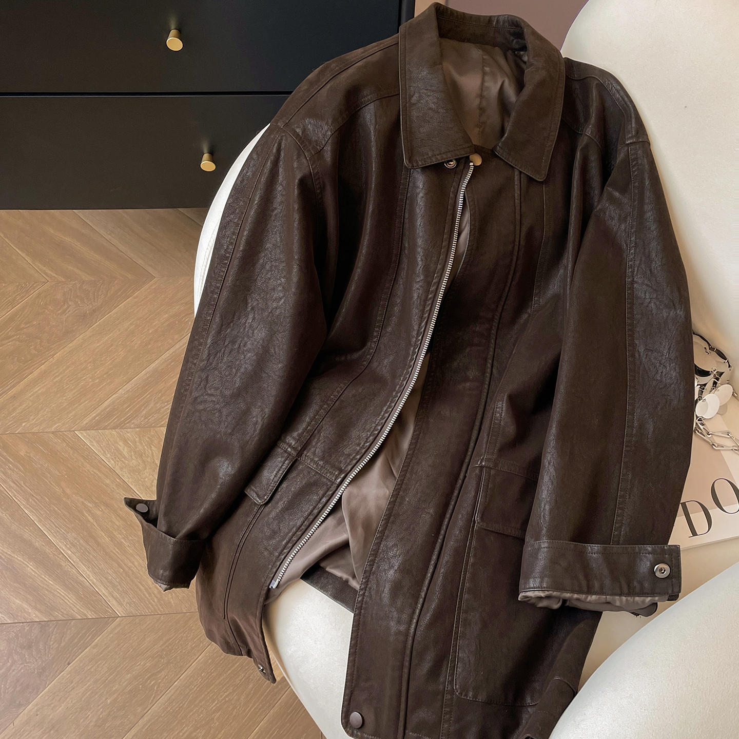 宽松复古棕色皮衣外套女2025新款