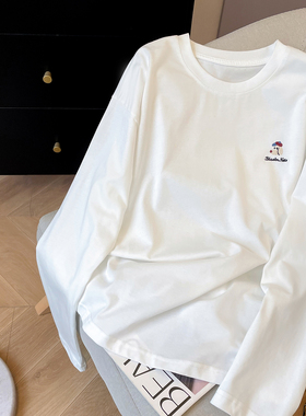 小C家 小狗刺绣白色长袖T恤女2026新款春休闲圆领落肩袖宽松上衣