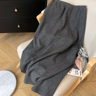 裙子 秋磨毛卫衣裙休闲高腰中长款 小C家 灰色直筒半身裙女2025新款