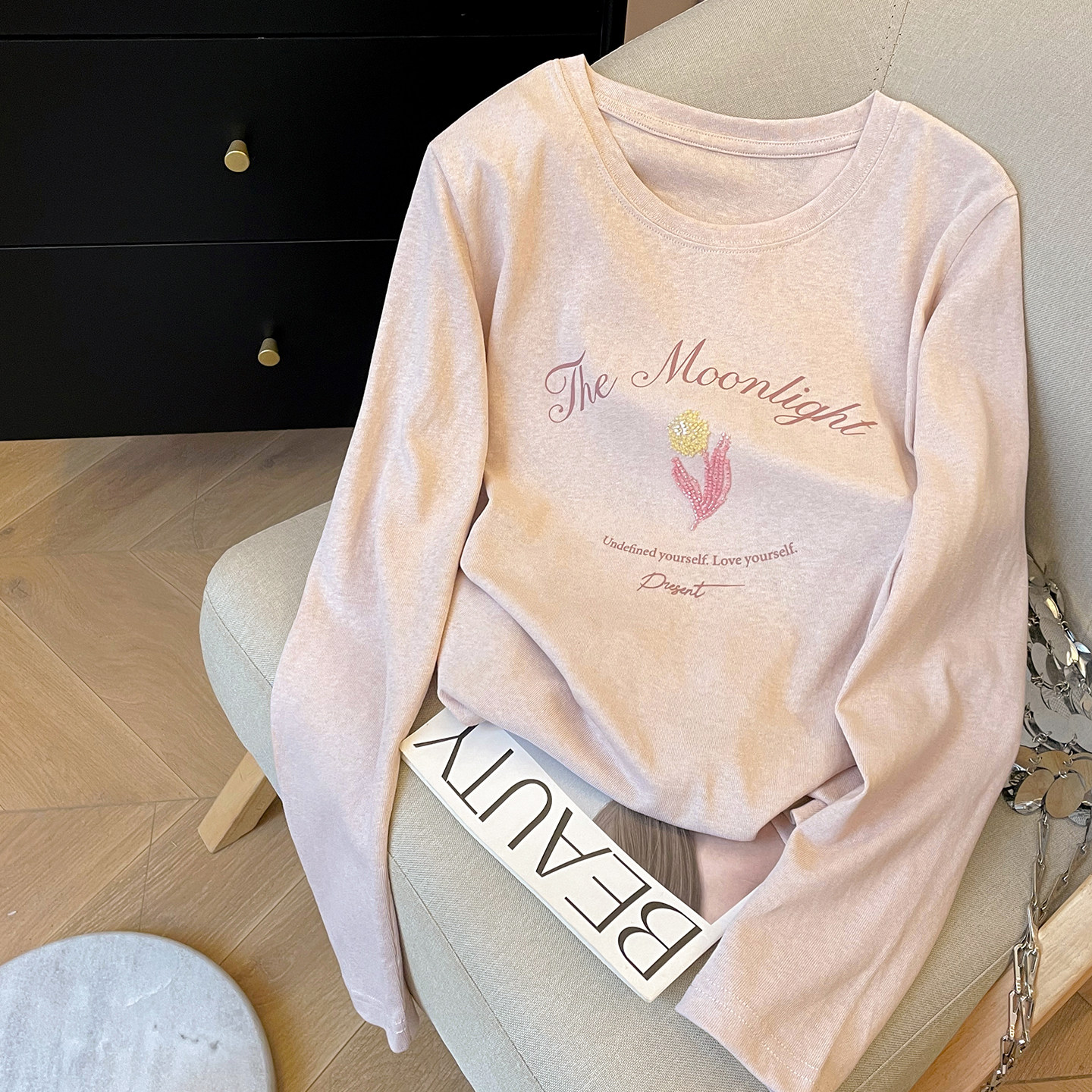 小C家粉色字母印花串珠设计感长袖T恤女夏季新款宽松休闲圆领上衣,女装/女士精品,T恤,淘宝优惠券,粉丝福利购,淘宝优惠卷