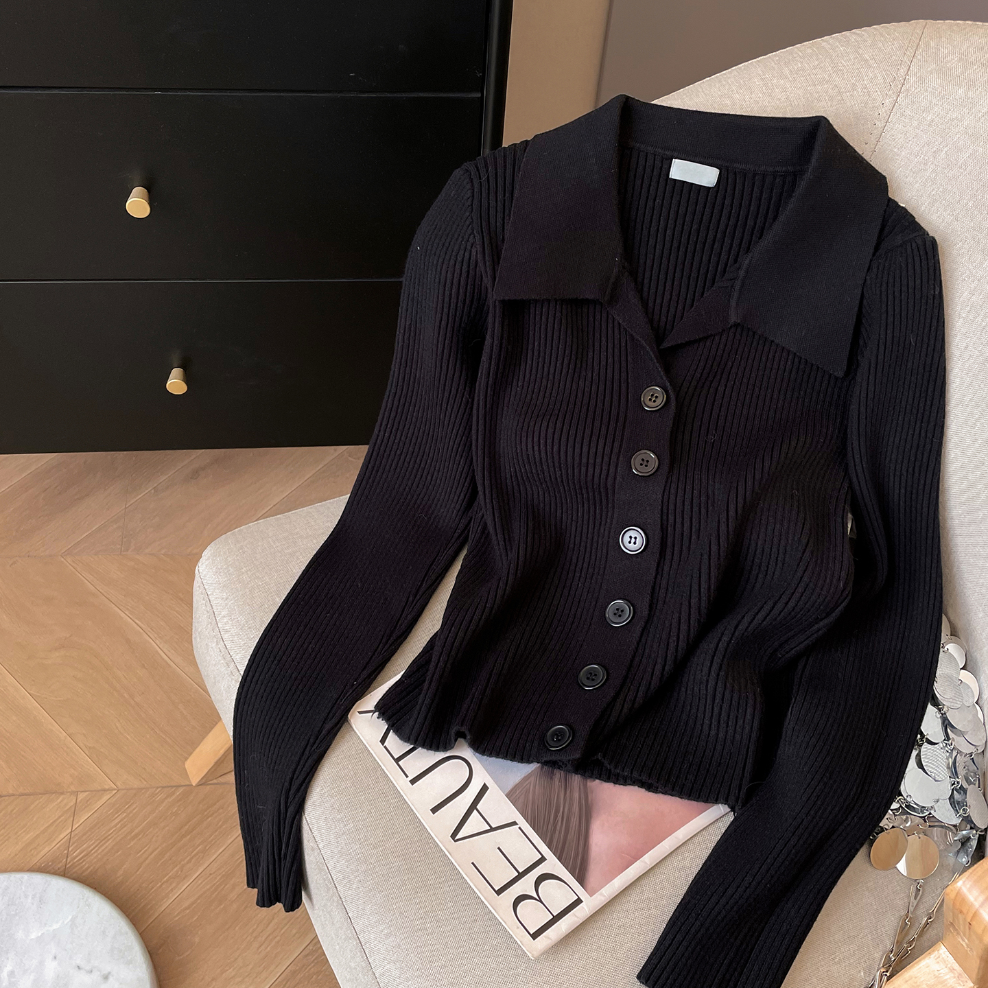 单排扣翻领开衫坑条针织衫女新款