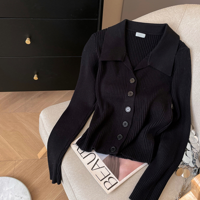 单排扣翻领开衫坑条针织衫女新款