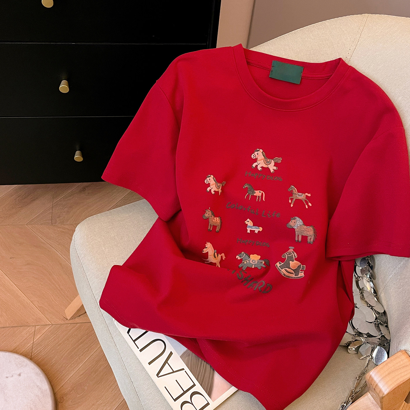 小C家圆领短袖T恤女2026新款早春宽松内搭磨毛打底衫小马印花上衣,女装/女士精品,T恤,淘宝优惠券,粉丝福利购,淘宝优惠卷