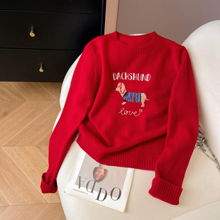 小C家 腊肠狗刺绣毛衣女款2025新款秋冬纯羊毛衫慵懒宽松针织上衣