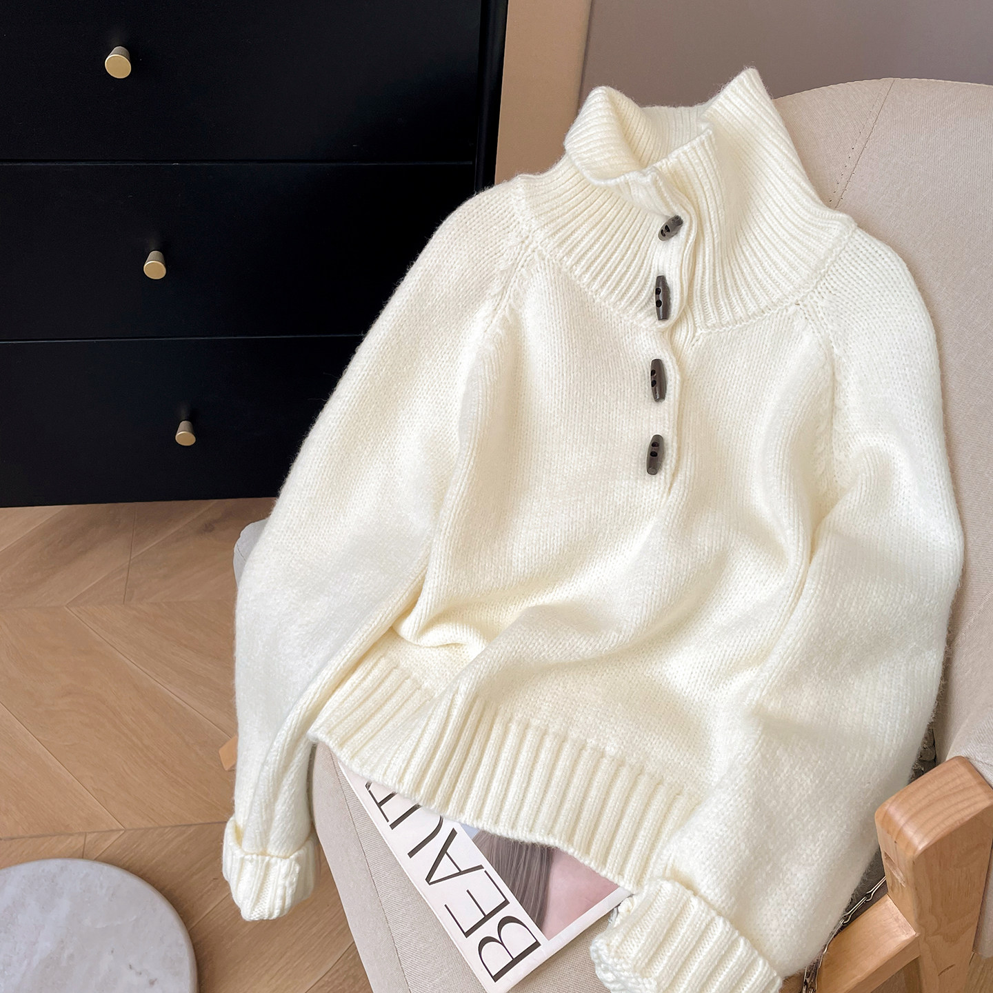 小C家 复古牛角扣立领毛衣女款2025新款秋冬宽松纯色套头针织上衣,女装/女士精品,毛衣,淘宝优惠券,粉丝福利购,淘宝优惠卷