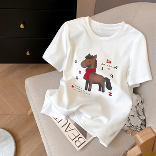 上衣 秋冬加厚磨毛打底衫 小C家刺绣围巾小马印花短袖 T恤女2025新款