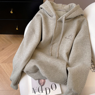 小C家 小猫刺绣连帽加绒卫衣女2025新款秋冬加厚韩系宽松套头上衣