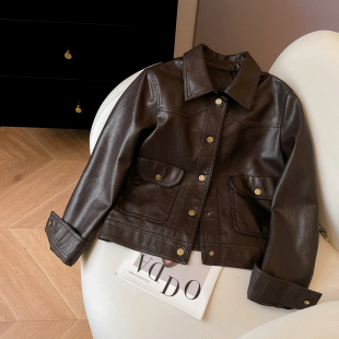 休闲小个子短款 冬季 皮夹克 美拉德风咖色皮衣外套女2026新款 小C家