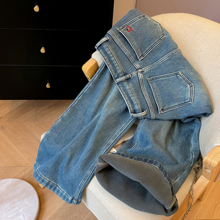 小C家 小马刺绣阔腿牛仔裤女2025新款冬季加绒宽松高腰显瘦休闲裤