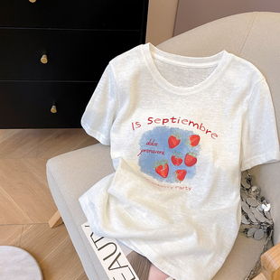 小C家 草莓印花短袖T恤女2026新款夏休闲风减龄百搭圆领正肩上衣