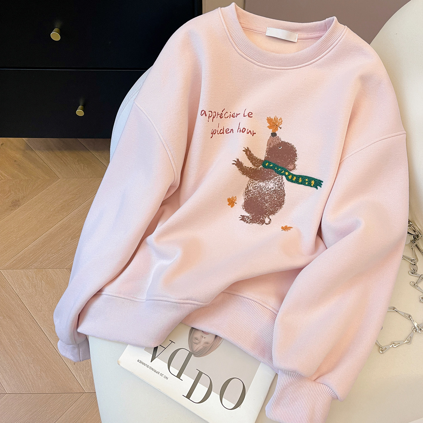 加绒宽松可爱小熊印花卫衣女新款