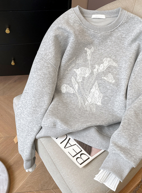 小C家 灰色卫衣女2025新款秋休闲宽松拼接蕾丝绣花刺绣设计感上衣