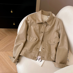 小C家 卡其色皮衣女2026新款今年流行爆款春小个子短款皮夹克外套