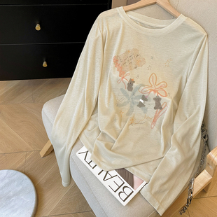 小C家 卡通印花长袖T恤女2026新款夏薄款宽松韩版慵懒风圆领上衣
