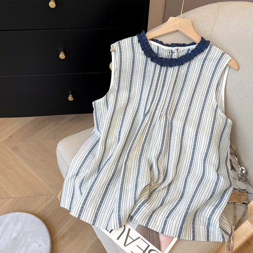 小C家 木耳边条纹无袖棉麻背心女2026夏季新款独特小众别致小衫