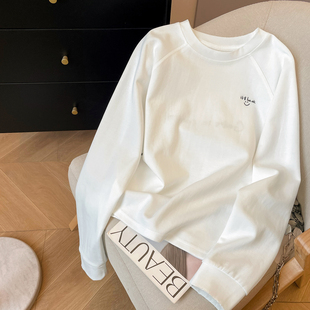 小C家 刺绣长袖T恤女2026新款春季内搭白色打底衫宽松插肩袖上衣