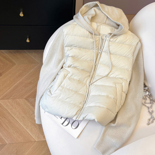 小C家 排骨羽绒服女2025新款冬季轻薄假两件拼接针织长袖连帽外套