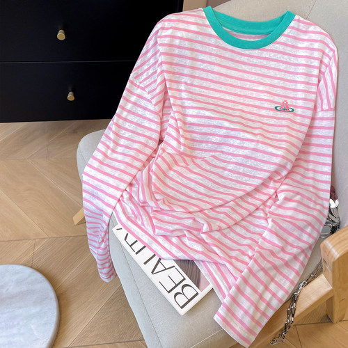 长袖甜美风撞色圆领条纹T恤女春